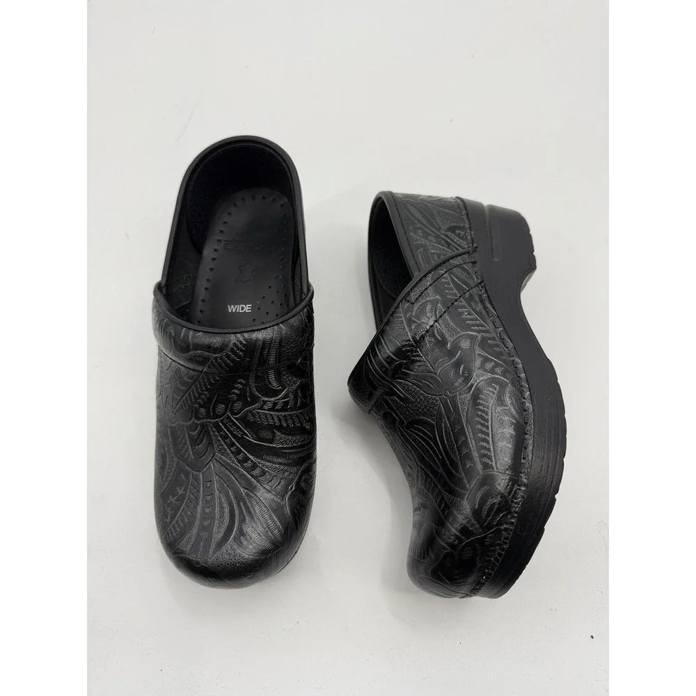 Dansko Professional Black Floral Embossed Leather Clogs Wide Width Size 36